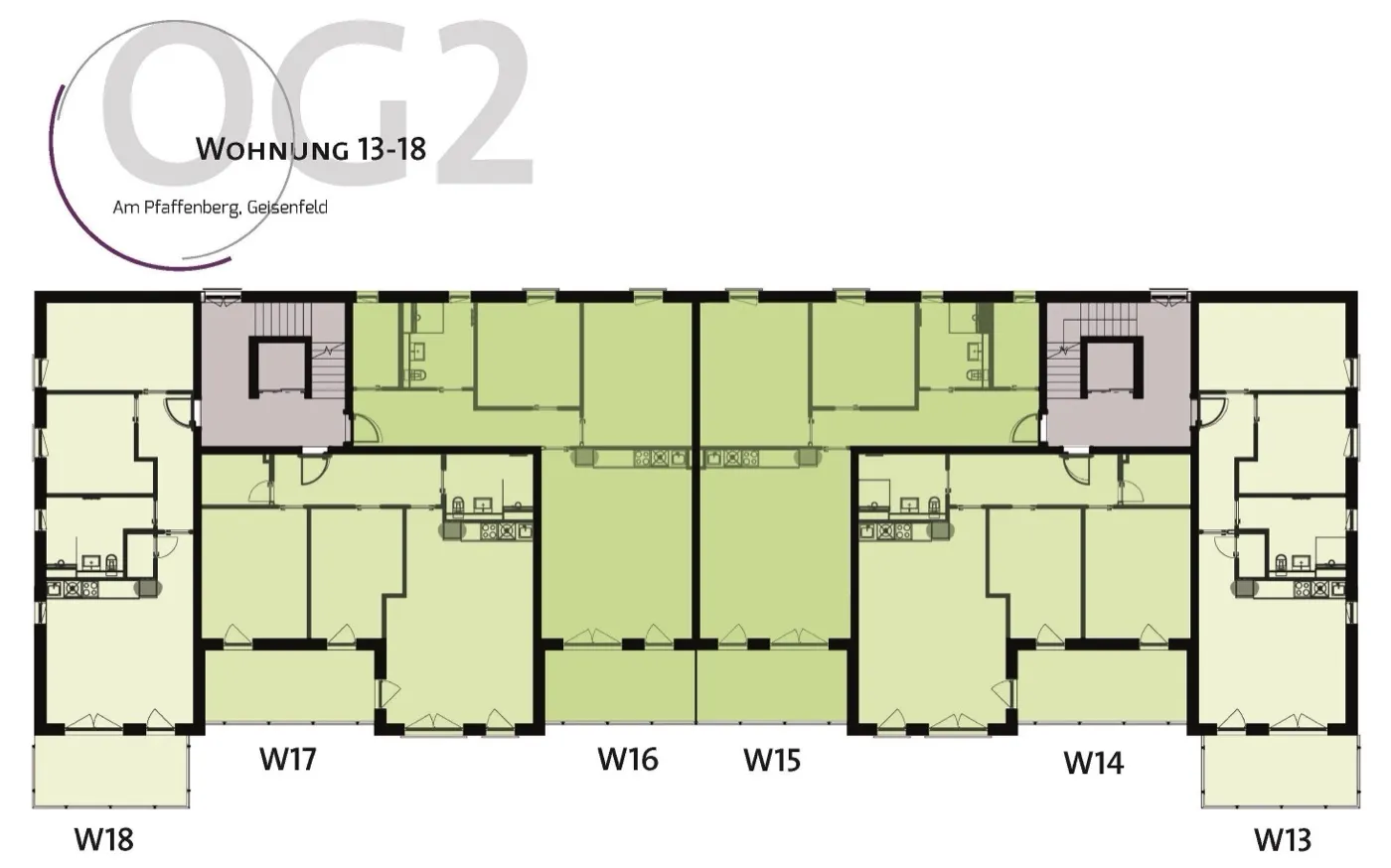 Grundriss 2. Obergeschoss – Wohnung W13 bis W18